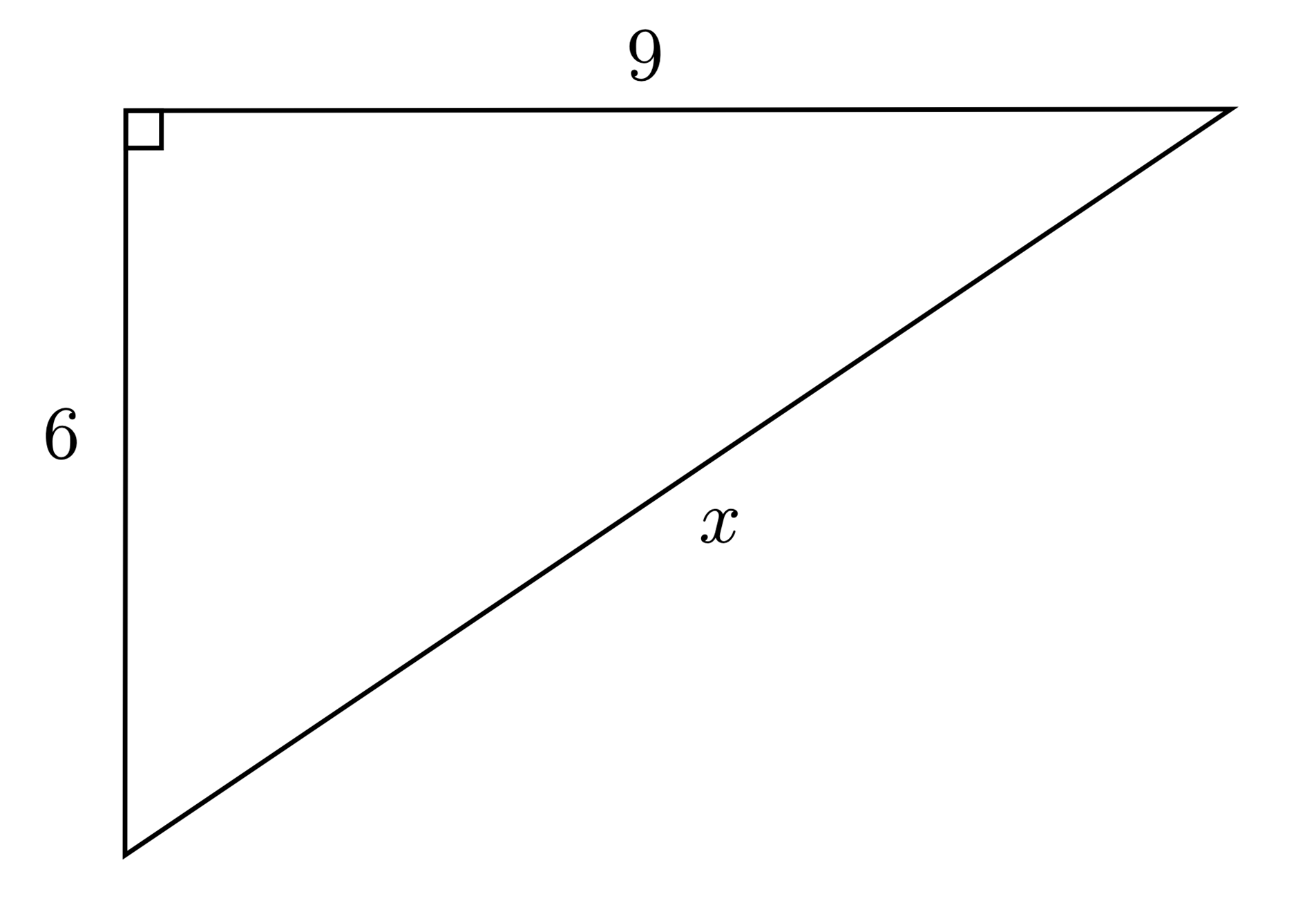 A right triangle with legs of length 6 and 9 and a hypotenuse of length x
