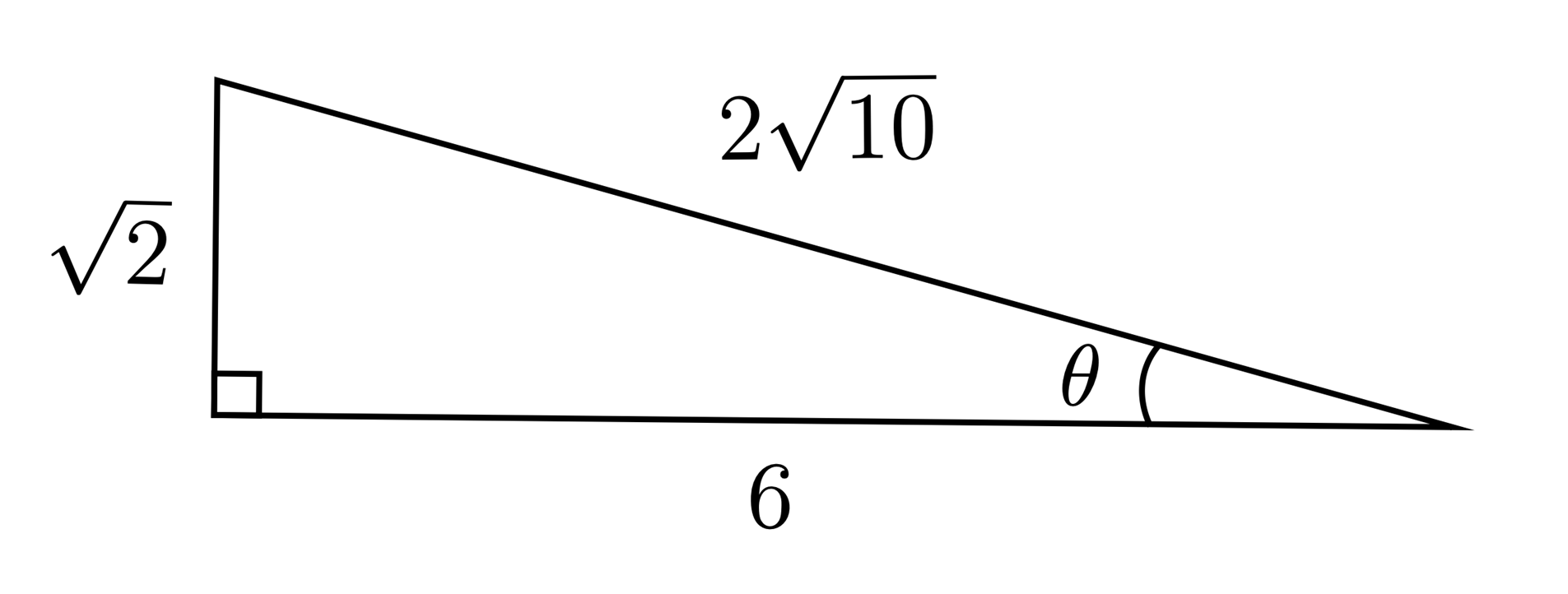 A right triangle with legs of 6 and square root 2, hypotenuse of 2 time square root of 10, and angle theta opposite the square root 2 side