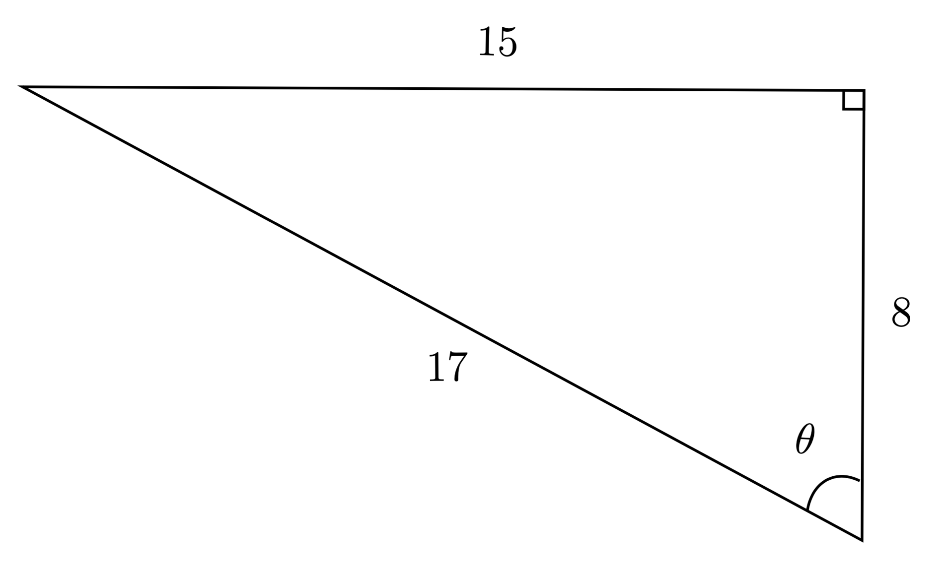 A right triangle with angle theta, the leg opposite theta has length 15, the other leg is 8, and the hypotenuse is 17
