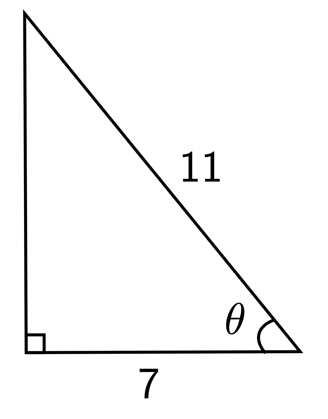 A right triangle with leg of length 7, hypotenuse of 11 and the angle between is theta