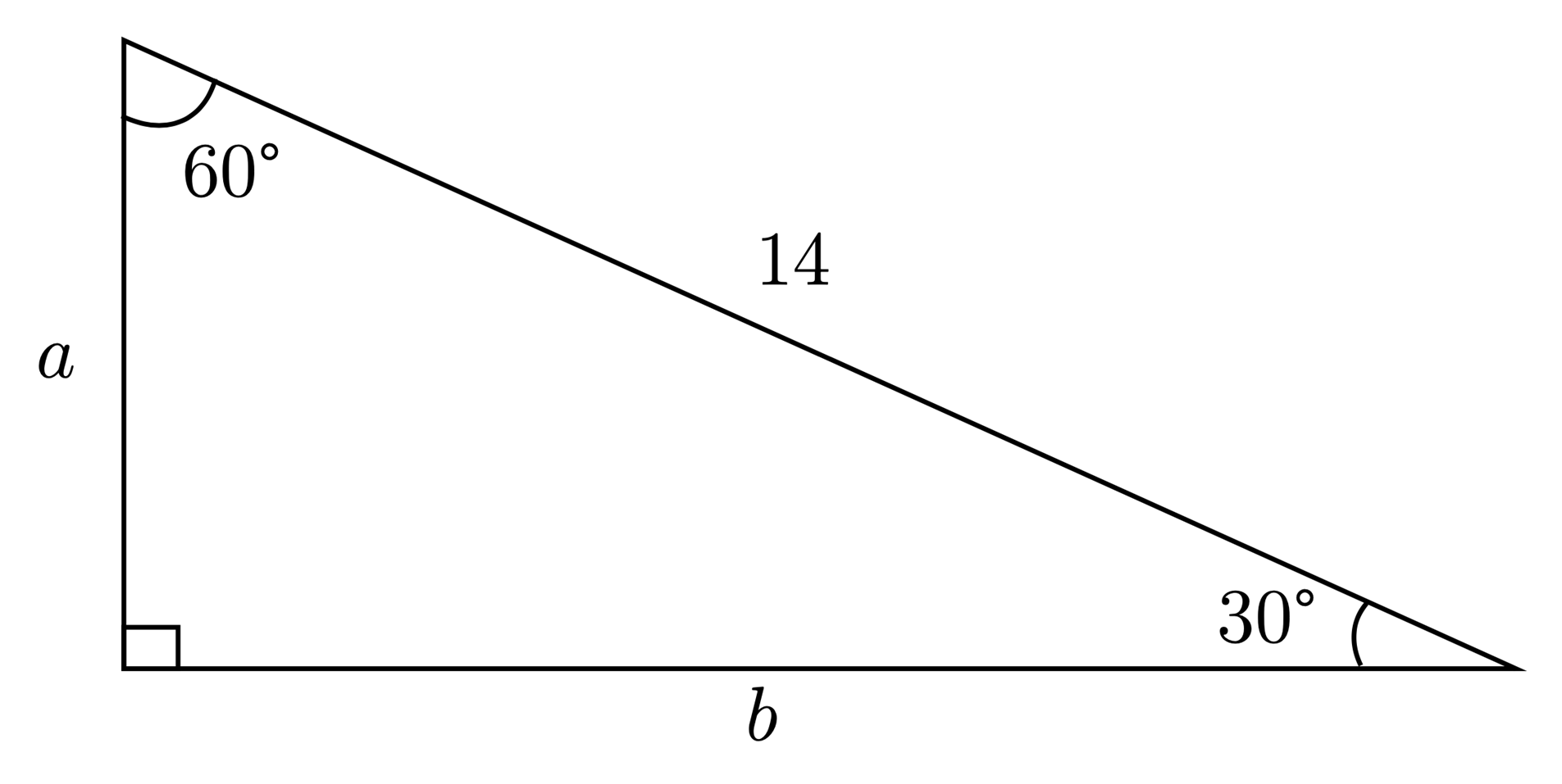 A right triangle with a hypotenuse of 14, a 60 degree angle with opposite side length b, and a 30 degree angle with opposite side length a